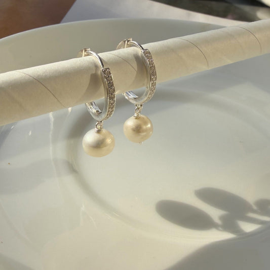 Pearl Dangle Hoop Earrings- 925 Silver