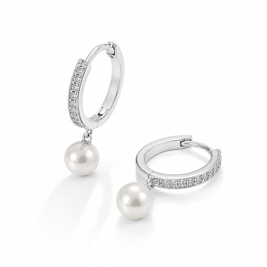 Pearl Dangle Hoop Earrings- 925 Silver