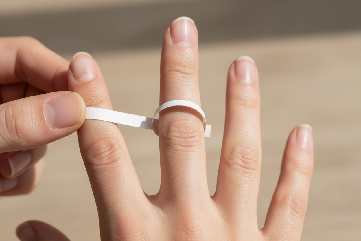 create an image in which a person is wrapping a paper string on his finger to check the ring size