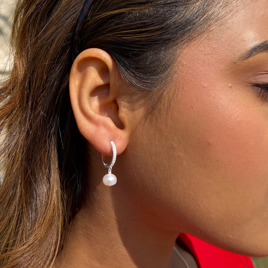 Pearl Dangle Hoop Earrings- 925 Silver