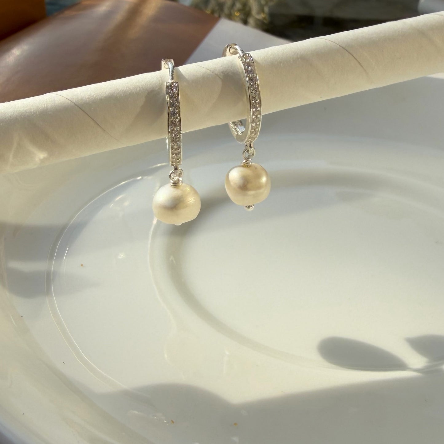 Pearl Dangle Hoop Earrings- 925 Silver
